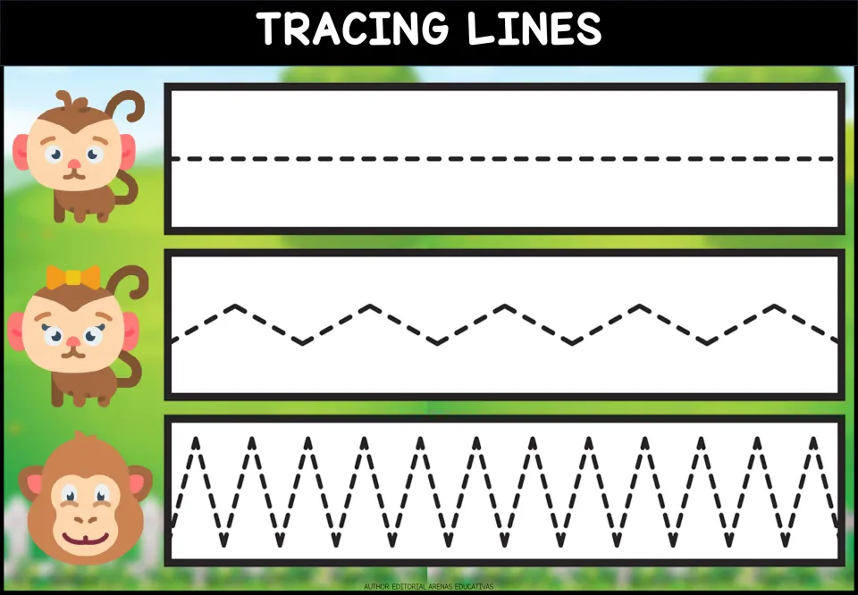 Straight and zigzag strokes: students follow a dashed flat line, then shallow peaks and finally tall, narrow spikes