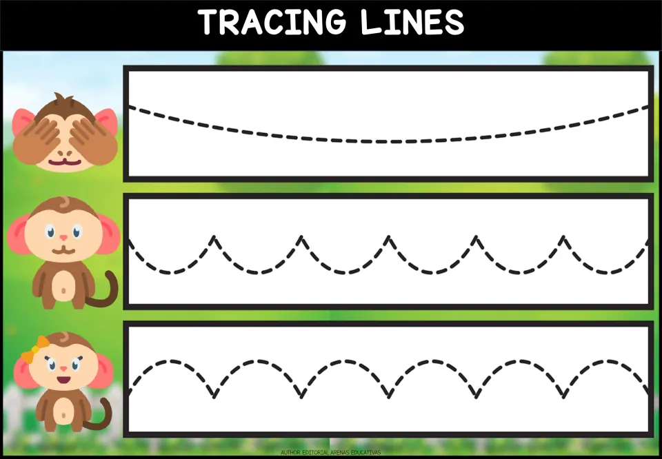 Curved line tracing: students follow a dashed shallow arc, a row of downward scallops and then upward arches