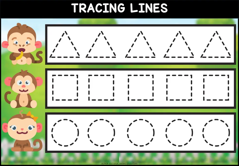 Shape tracing: students follow dashed outlines of triangles, squares and circles, with five of each shape to complete