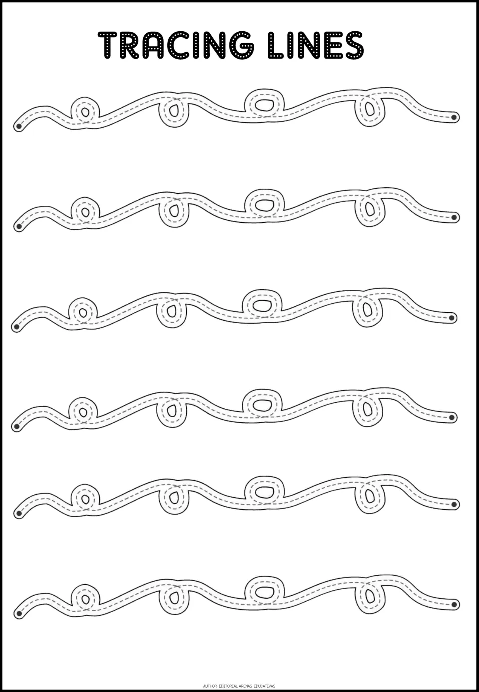 Tracing practice sheet 1: six winding paths with alternating upward and downward loops to trace