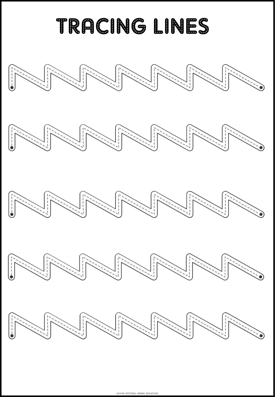 Tracing practice sheet 2: five sawtooth paths combining short vertical strokes and long diagonal strokes