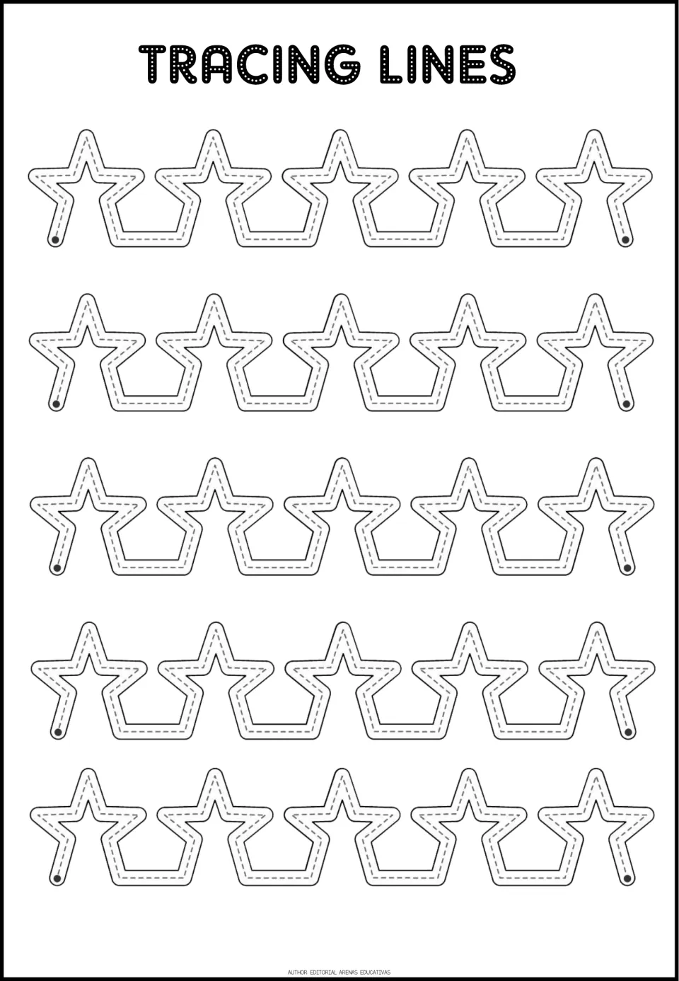 Tracing practice sheet 3: five paths of connected star shapes, each offering repeated turns to trace