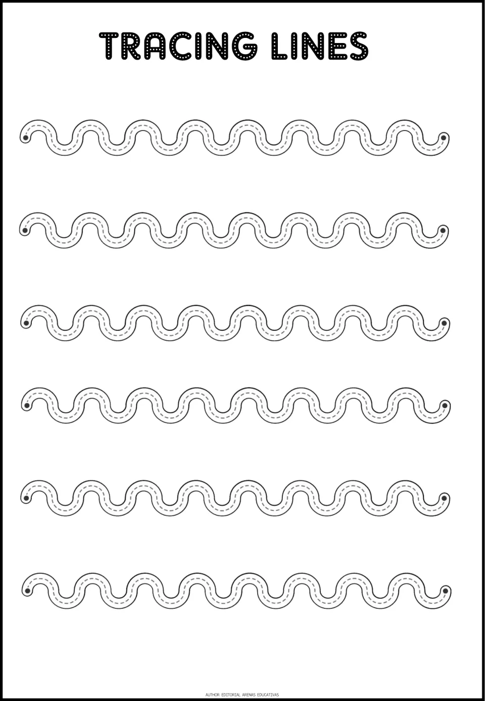 Tracing practice sheet 4: six continuous wavy paths with repeated rounded rises and dips to trace