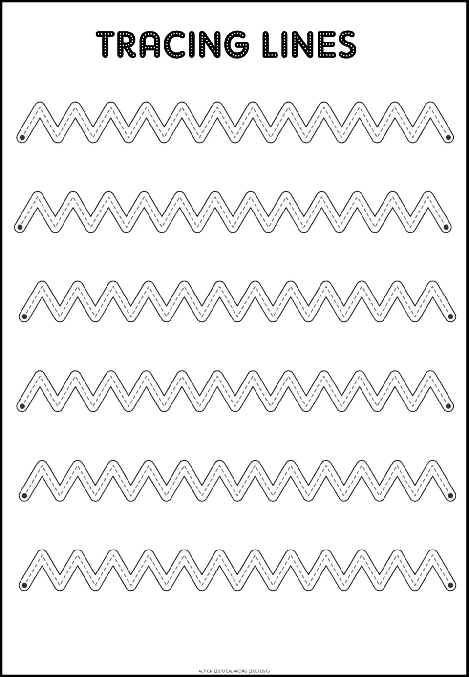 Tracing practice sheet 5: six regular zigzag paths with repeated diagonal rises and falls to trace