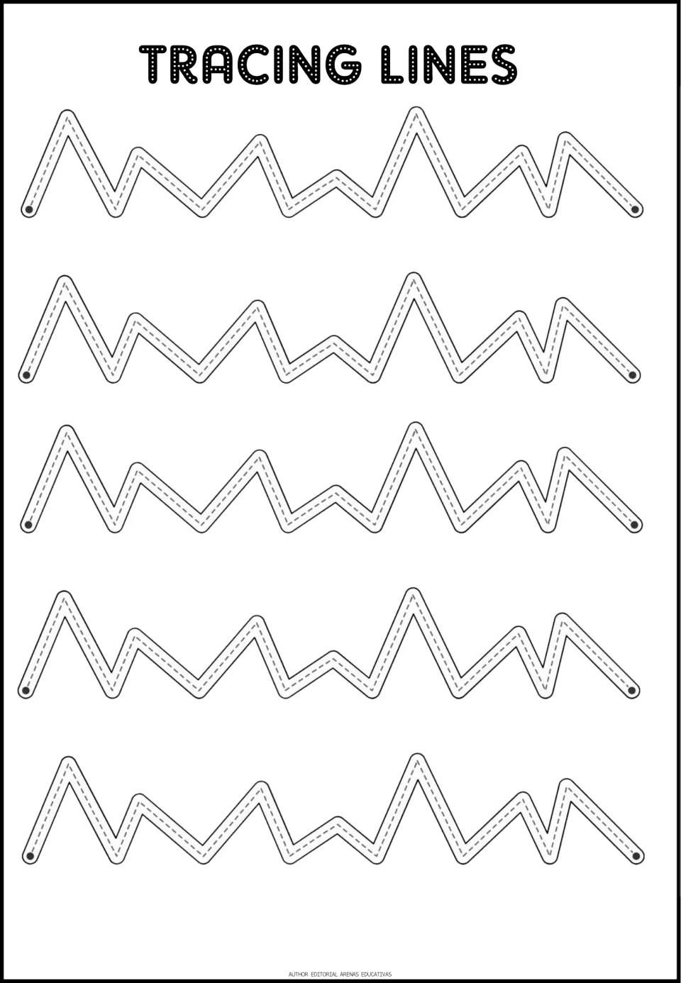 Tracing practice sheet 6: five uneven zigzag paths with alternating tall and short peaks to trace