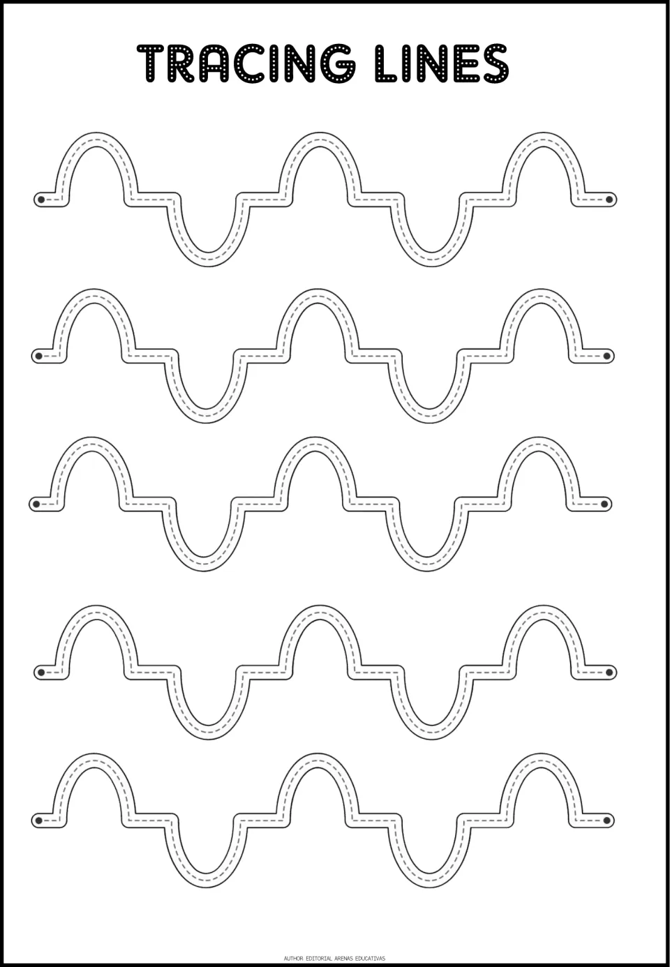 Tracing practice sheet 7: five paths alternating upward arches and downward curves with short flat joins