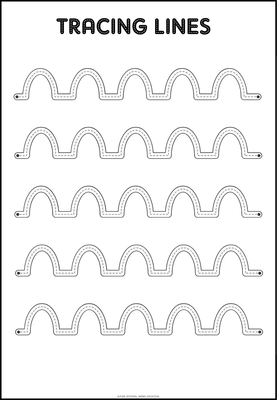 Tracing practice sheet 8: five paths of repeated upward arches connected by short flat segments
