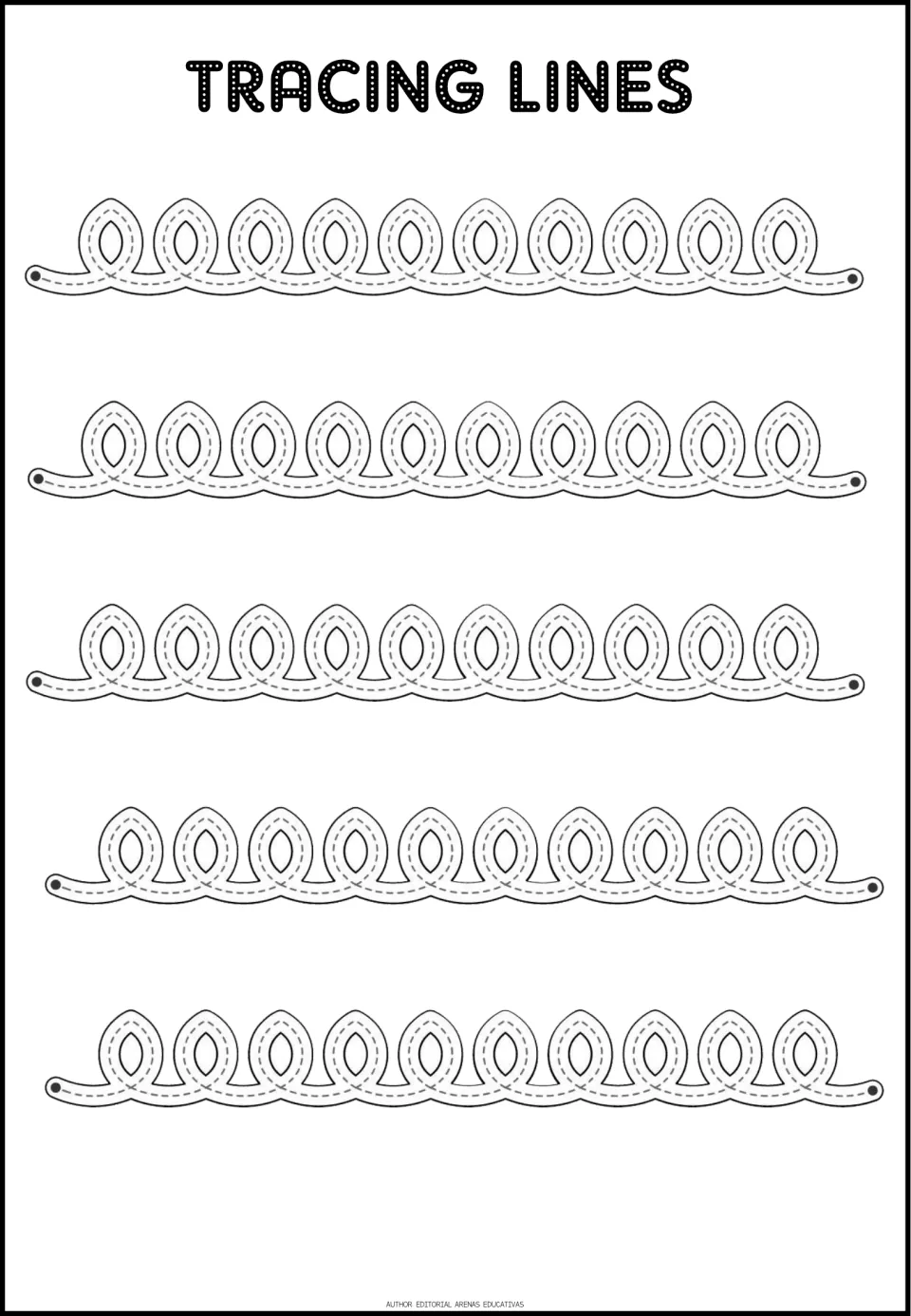 Tracing practice sheet 9: five paths of connected upright loops, each repeating the same looping motion