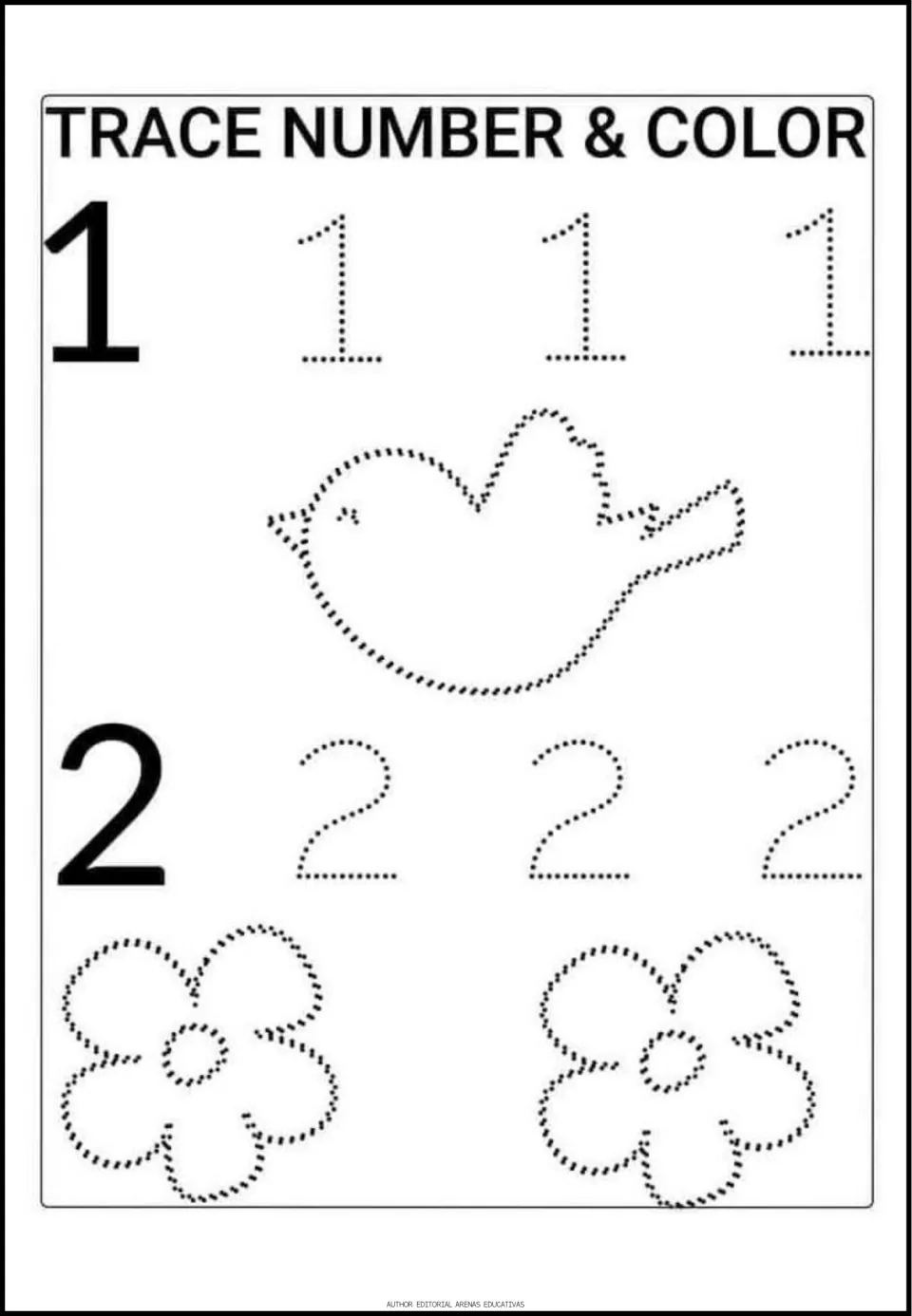 Number-tracing activity for 1 and 2, with three dotted copies of each numeral, one bird, and two flowers