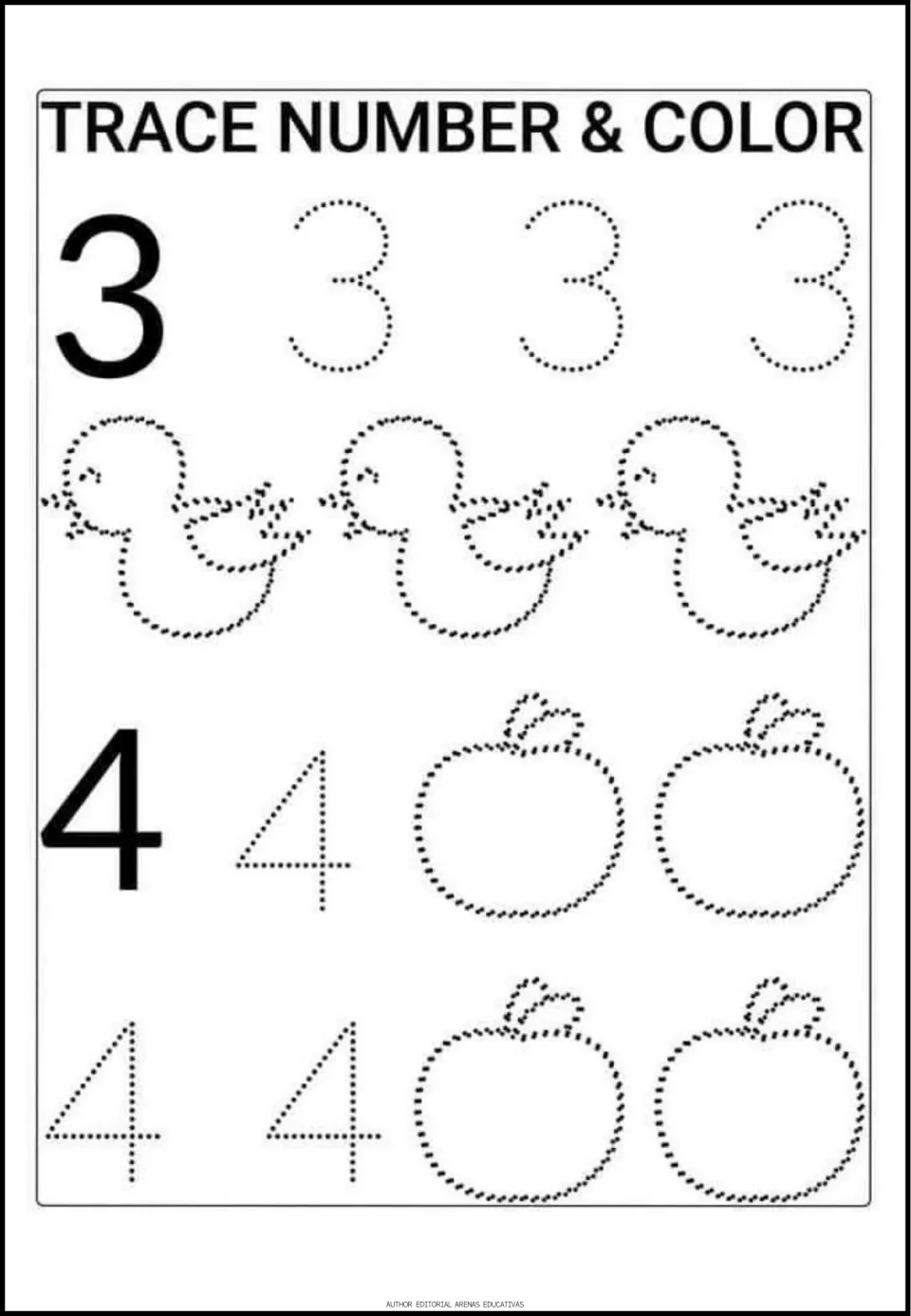 Number-tracing activity for 3 and 4, with three dotted copies of each numeral, three ducks, and four apples