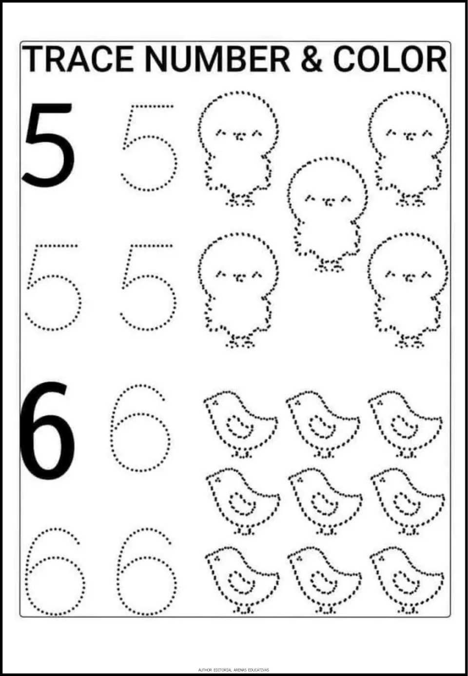 Number-tracing activity for 5 and 6, with three dotted copies of each numeral, five chicks, and nine birds