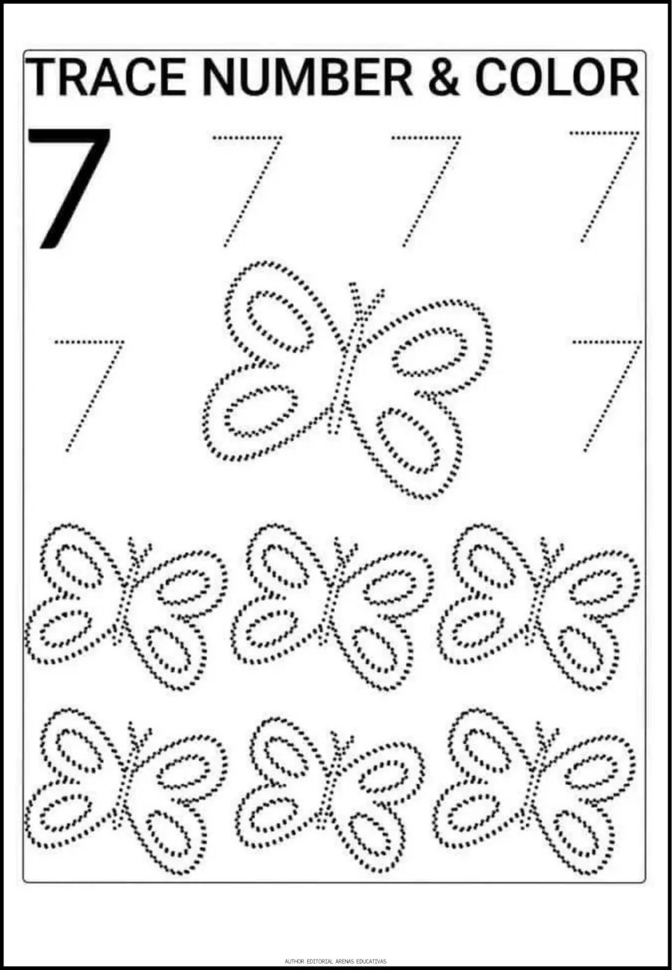 Number 7 tracing activity with a solid numeral model, five dotted 7s, and seven butterflies to trace and color
