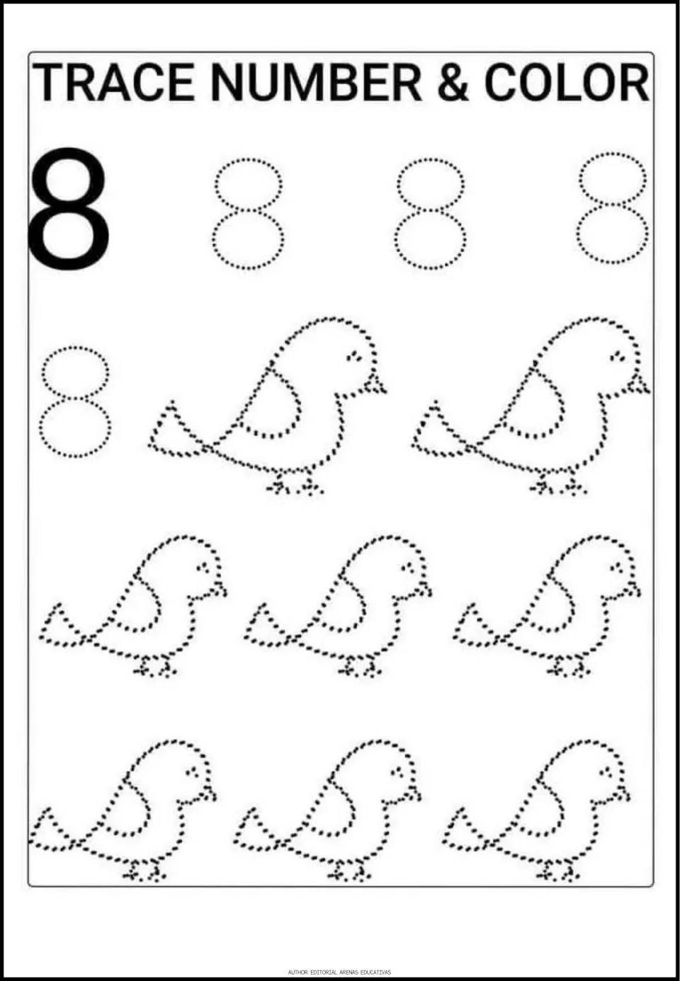 Number 8 tracing activity with a solid numeral model, four dotted 8s, and eight birds to trace and color
