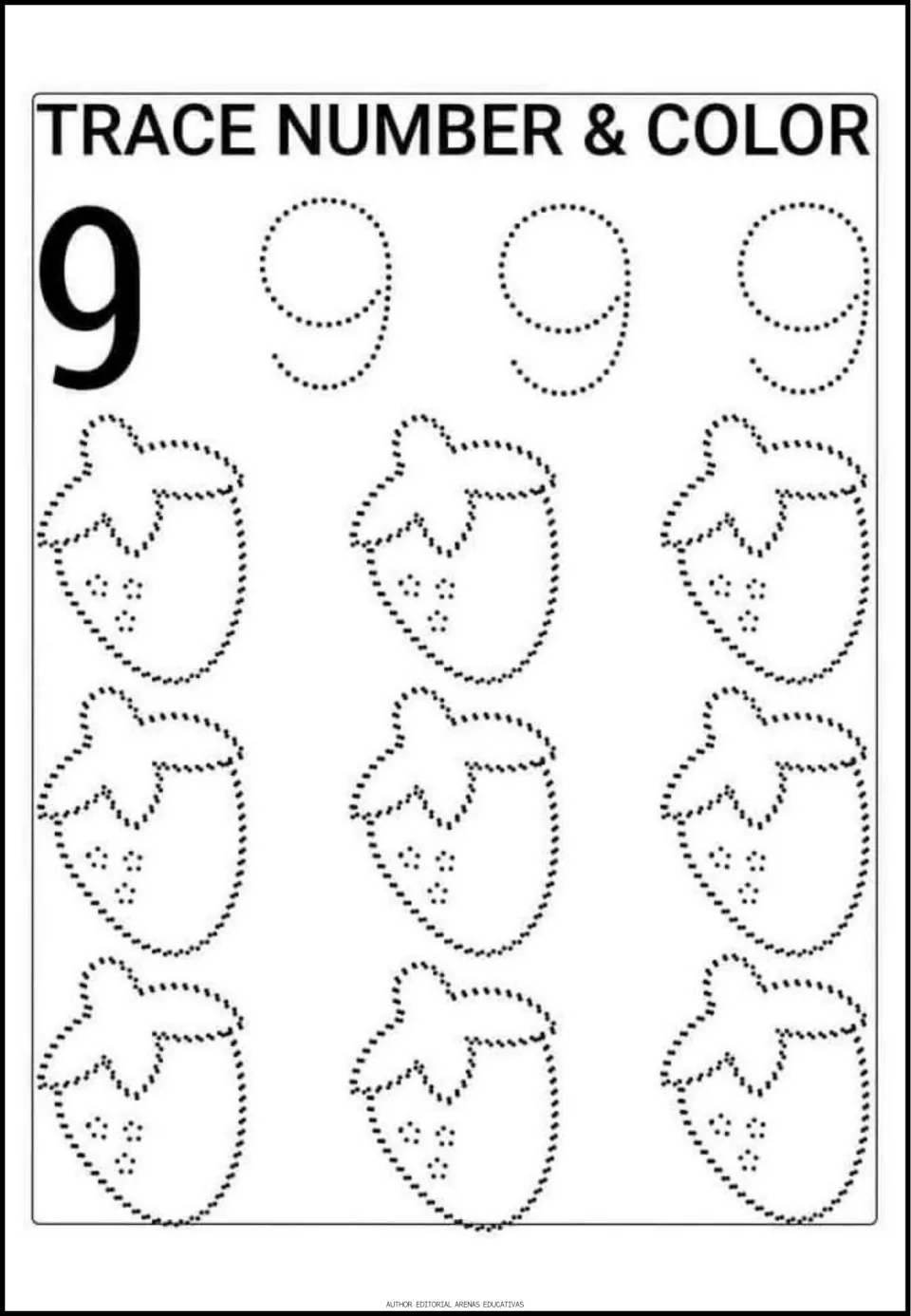 Number 9 tracing activity with a solid numeral model, three dotted 9s, and nine strawberries to trace and color