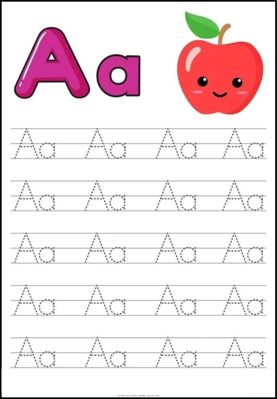 Letter A tracing sheet featuring uppercase A and lowercase a, an apple picture, and 20 dotted Aa pairs