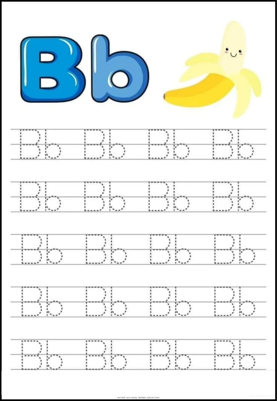 Letter B tracing sheet featuring uppercase B and lowercase b, a banana picture, and 20 dotted Bb pairs