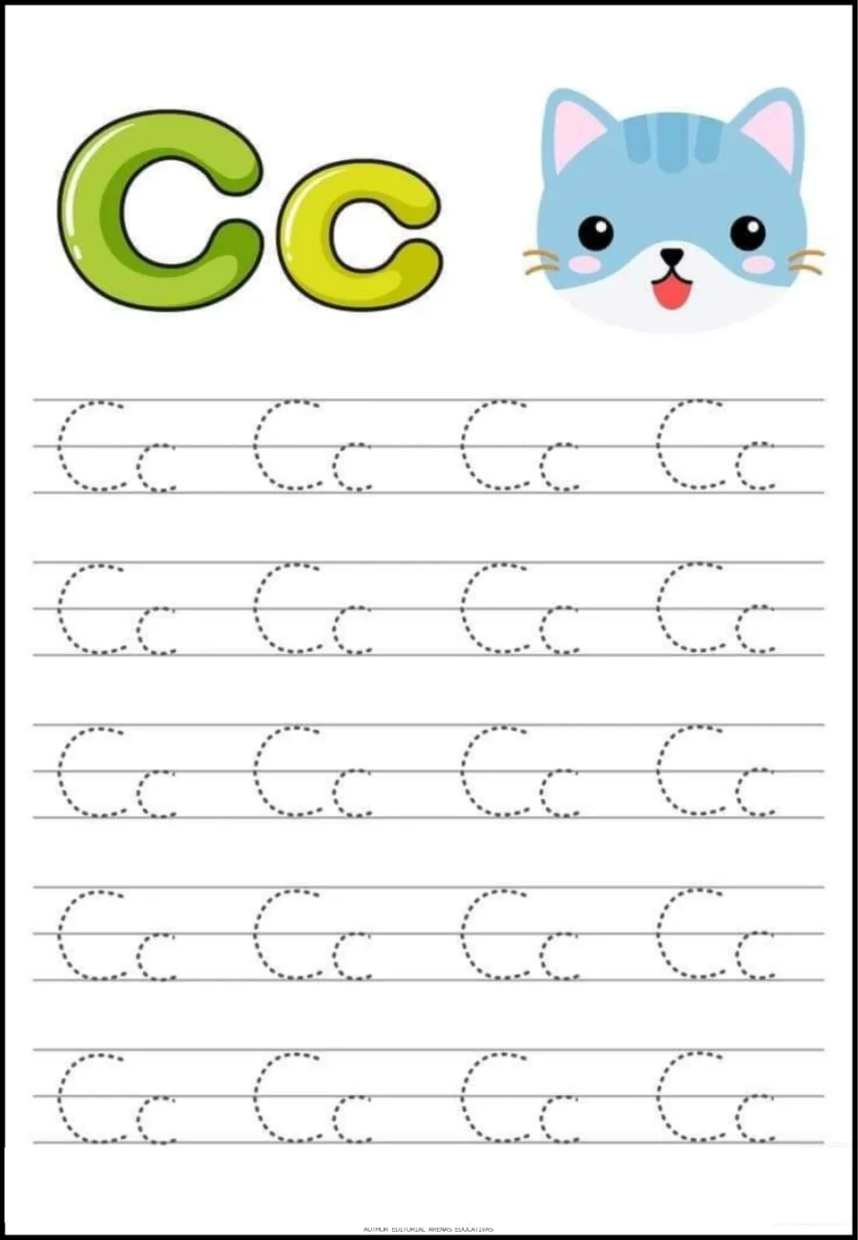 Letter C tracing sheet featuring uppercase C and lowercase c, a cat picture, and 20 dotted Cc pairs