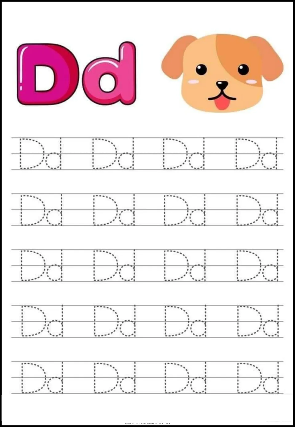 Letter D tracing sheet featuring uppercase D and lowercase d, a dog picture, and 20 dotted Dd pairs