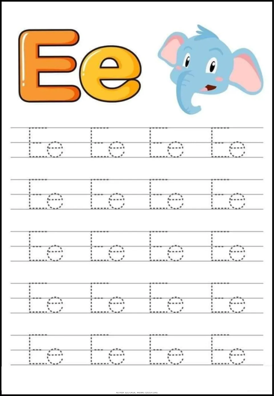Letter E tracing sheet featuring uppercase E and lowercase e, an elephant picture, and 20 dotted Ee pairs