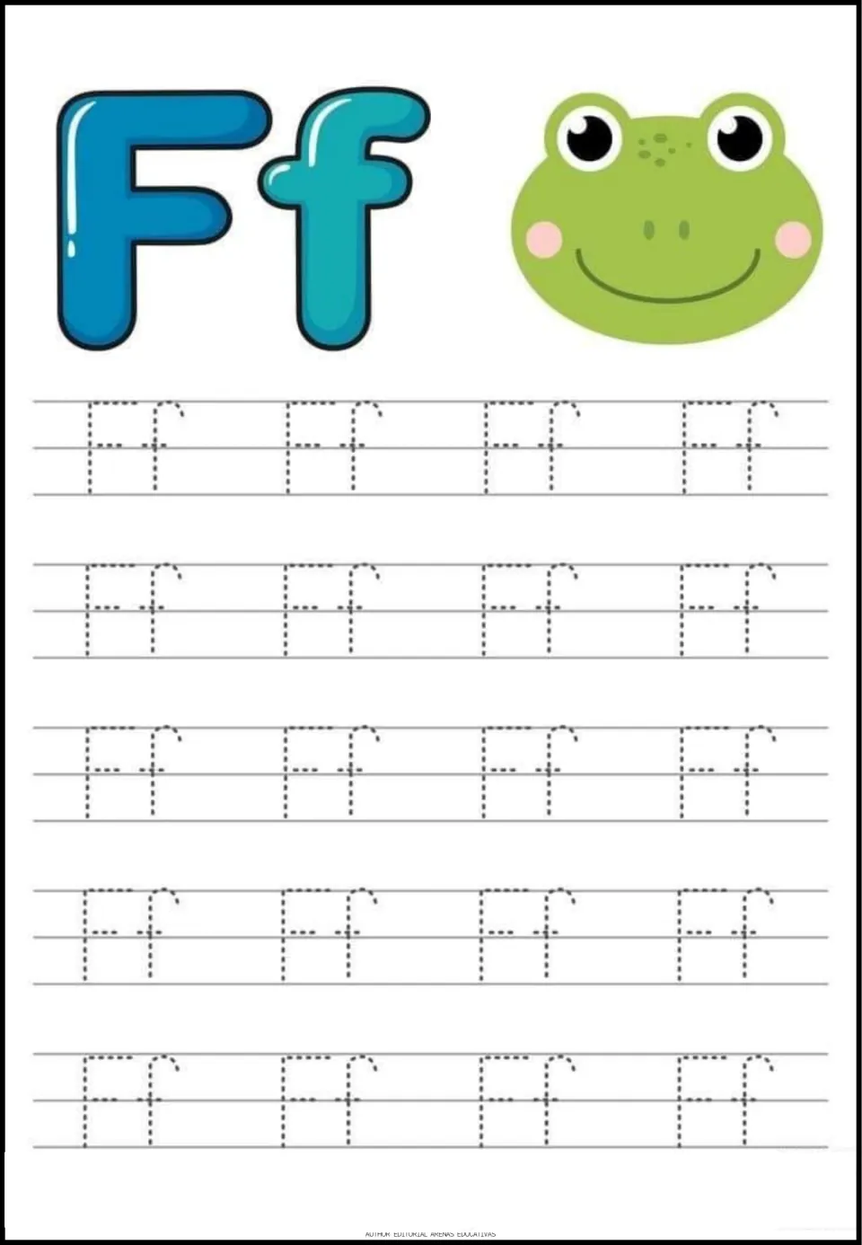 Letter F tracing sheet featuring uppercase F and lowercase f, a frog picture, and 20 dotted Ff pairs