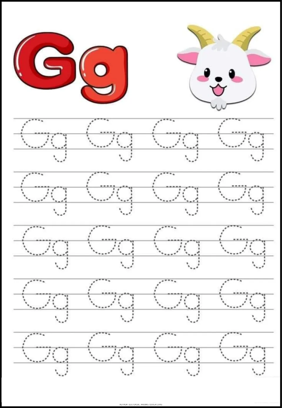 Letter G tracing sheet featuring uppercase G and lowercase g, a goat picture, and 20 dotted Gg pairs
