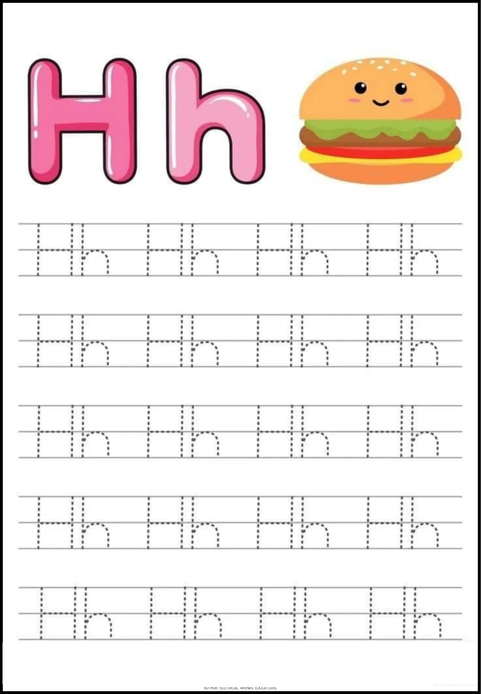 Letter H tracing sheet featuring uppercase H and lowercase h, a hamburger picture, and 20 dotted Hh pairs