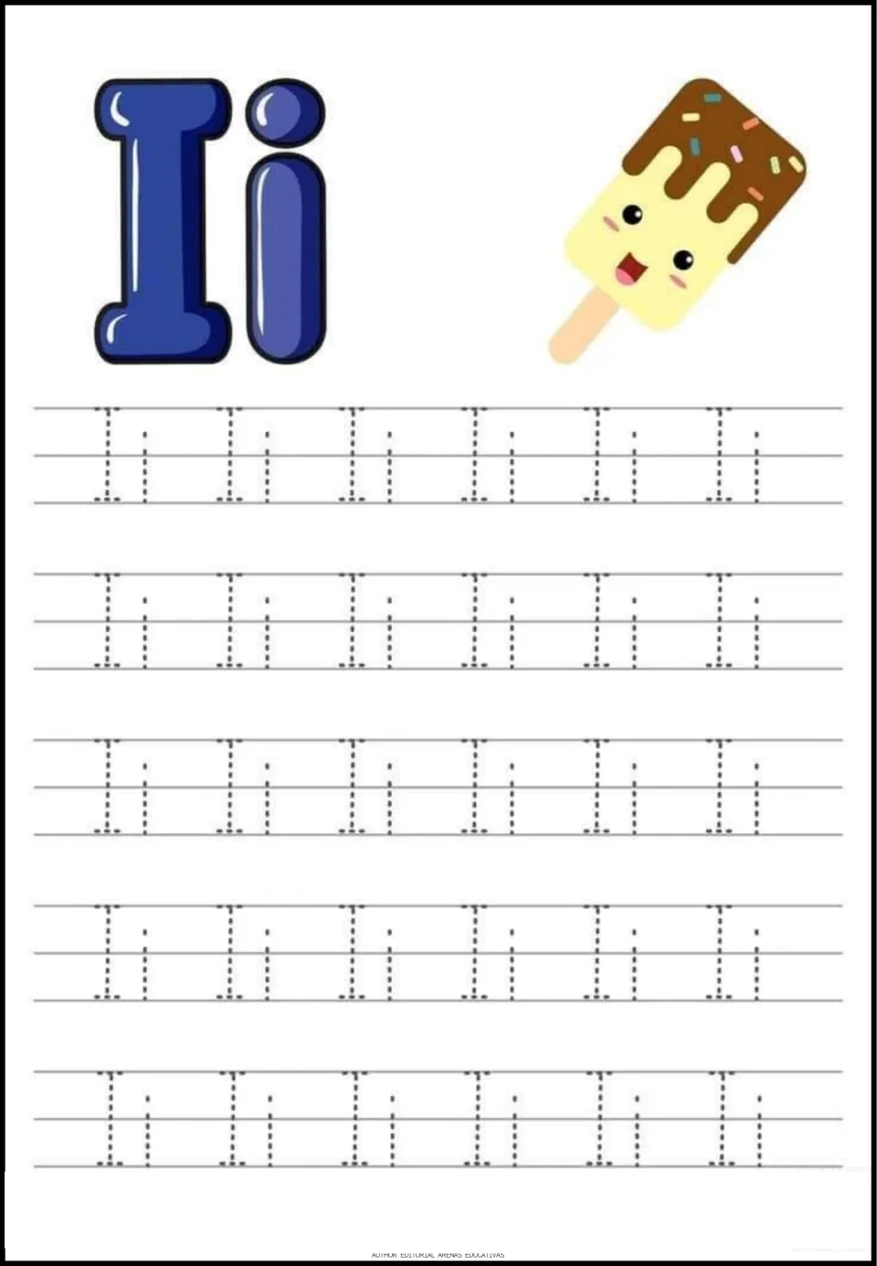 Letter I tracing sheet featuring uppercase I and lowercase i, an ice cream picture, and 30 dotted Ii pairs