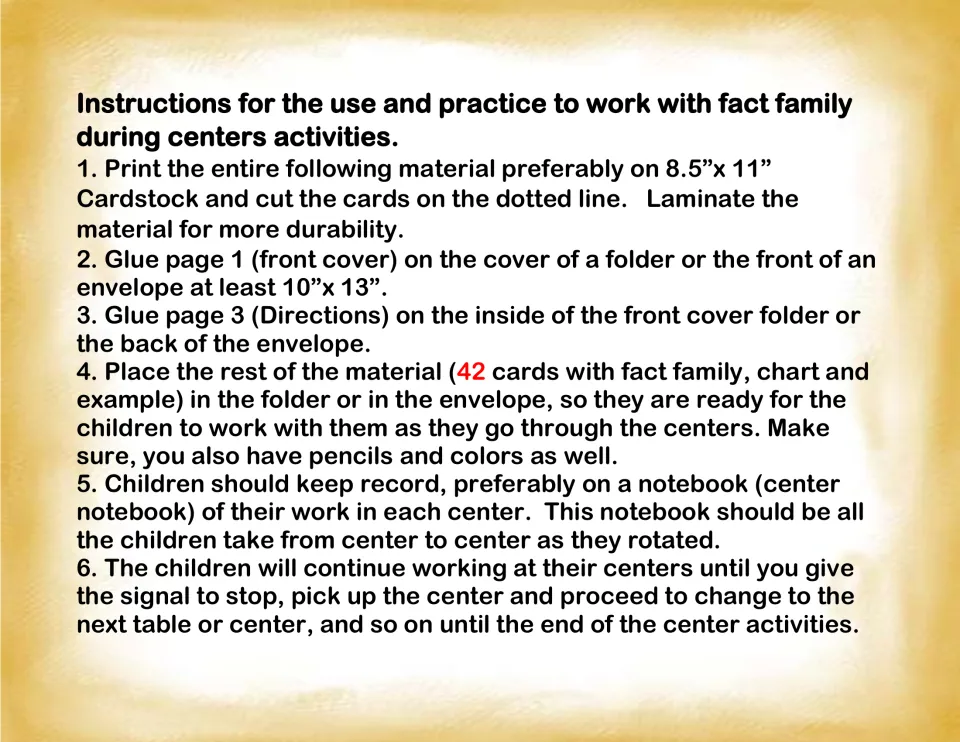 Teacher setup steps for the fact family center: print on cardstock, cut and laminate 42 cards, glue cover and directions