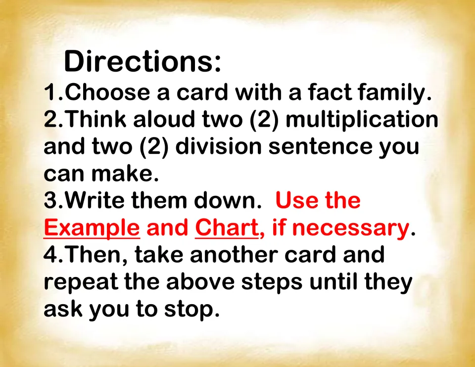 Student directions: choose a fact family card, think aloud 2 multiplication and 2 division sentences, then write them down