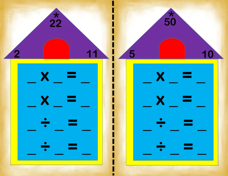 Fact family house cards for 2, 11, 22 and 5, 10, 50: students write the four related multiplication and division facts
