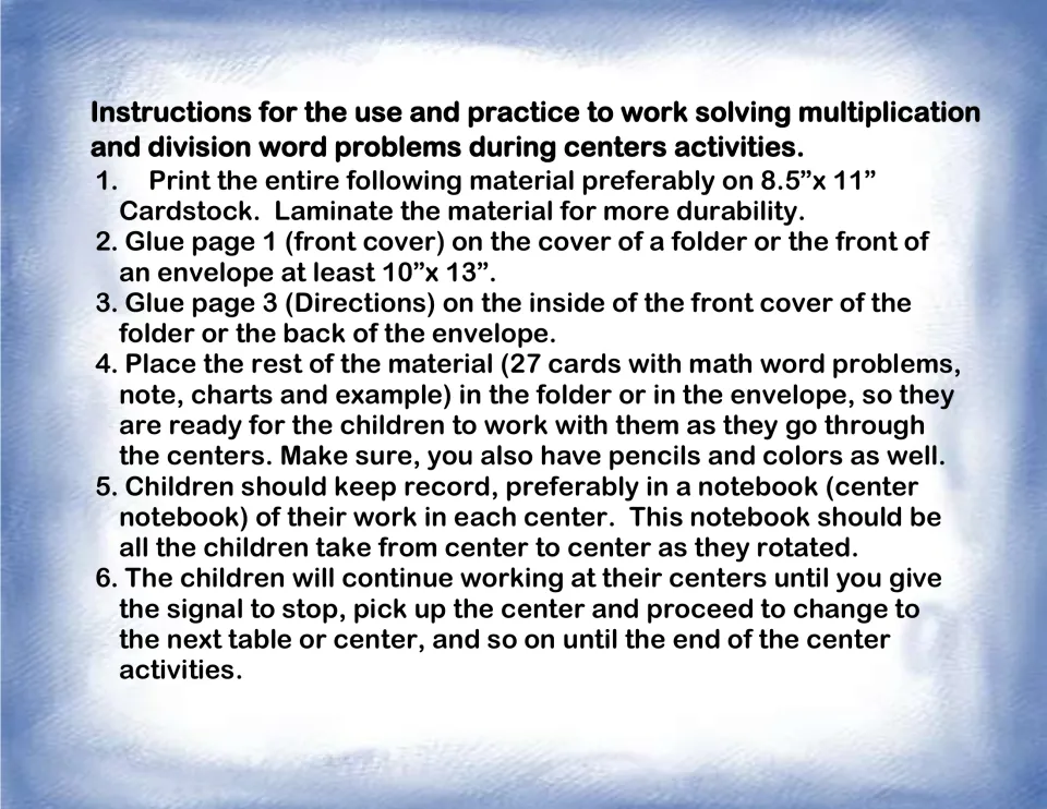 Teacher setup steps: print on cardstock, laminate, glue cover and directions to a folder, store 27 problem cards inside