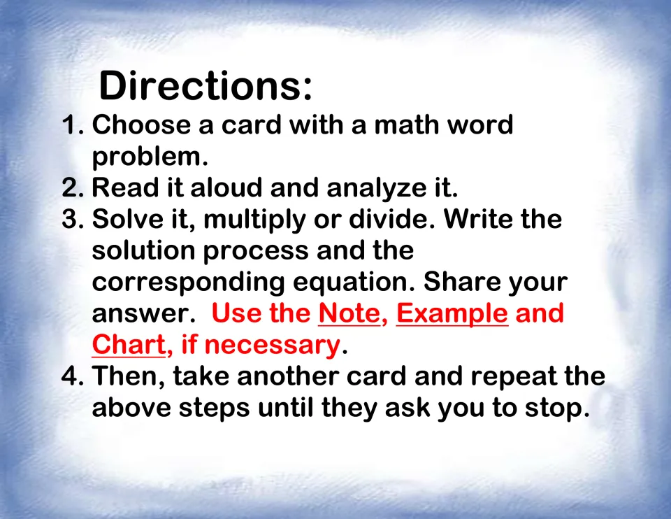 Student directions: pick a card, read it aloud, multiply or divide, write the steps and equation, then share the answer