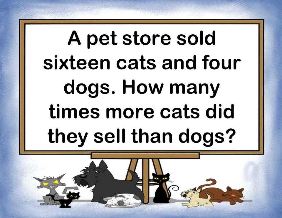 Comparison problem card: a pet store sold 16 cats and 4 dogs; students find how many times more cats were sold than dogs