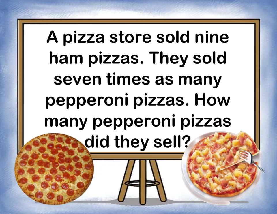 Pizza card: a store sold 9 ham pizzas and 7 times as many pepperoni; students multiply to find the pepperoni total