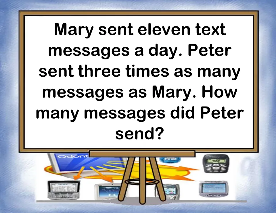 Text message card: Mary sent 11 texts a day and Peter sent 3 times as many; students multiply to find Peter's total