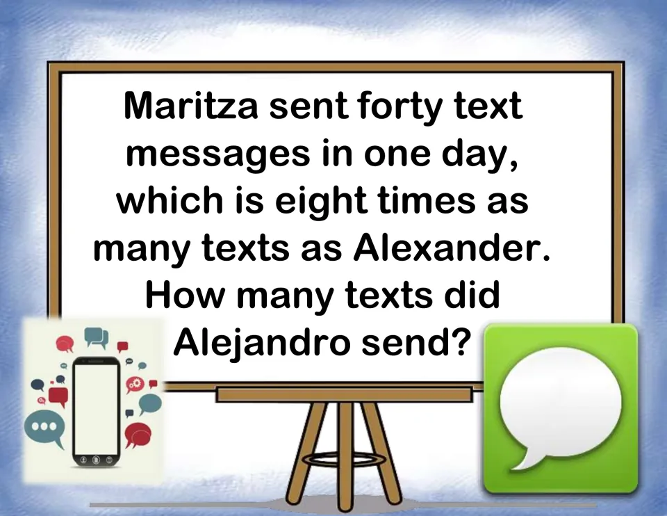 Texting division card: Maritza sent 40 texts, which is 8 times as many as Alexander; students divide to find his total