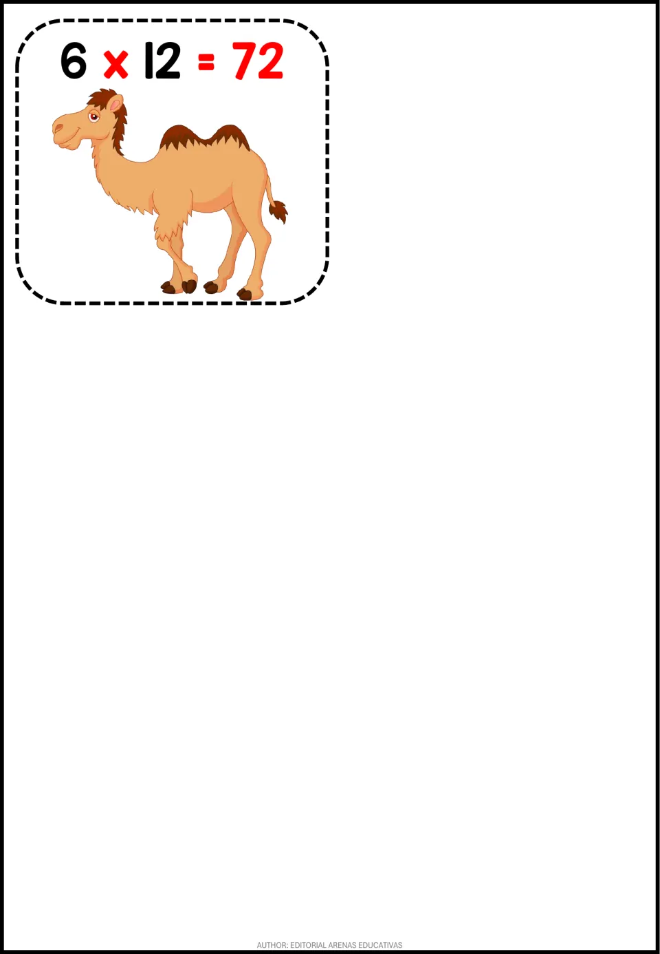 Final multiplication card in the set showing the fact 6 x 12 = 72 with the product in red beside a cartoon camel