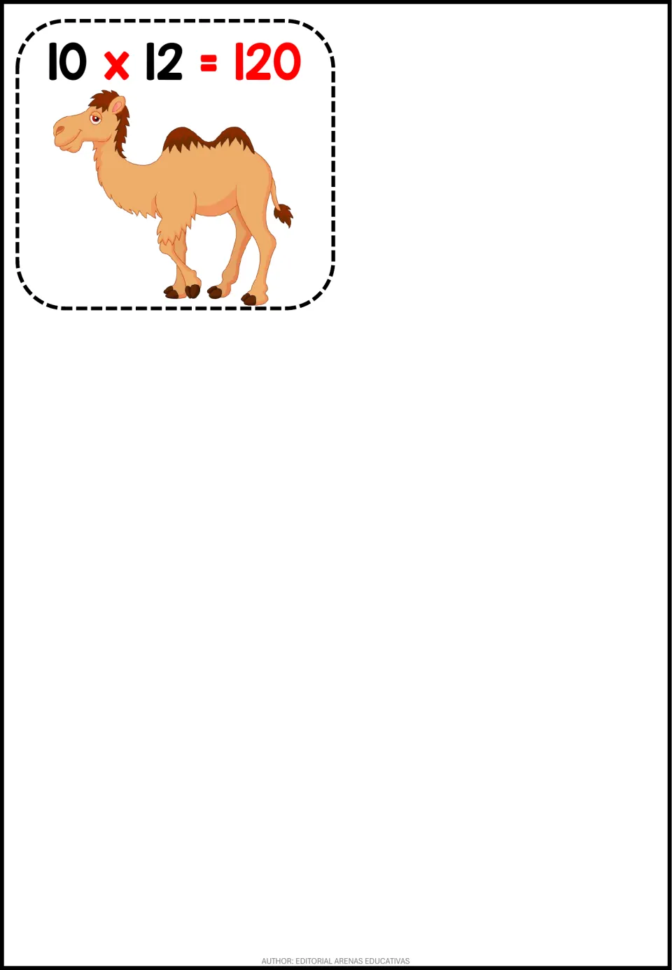 Final cut-out flashcard showing 10 x 12 = 120 in bold with a cartoon camel, alone at the top of the sheet