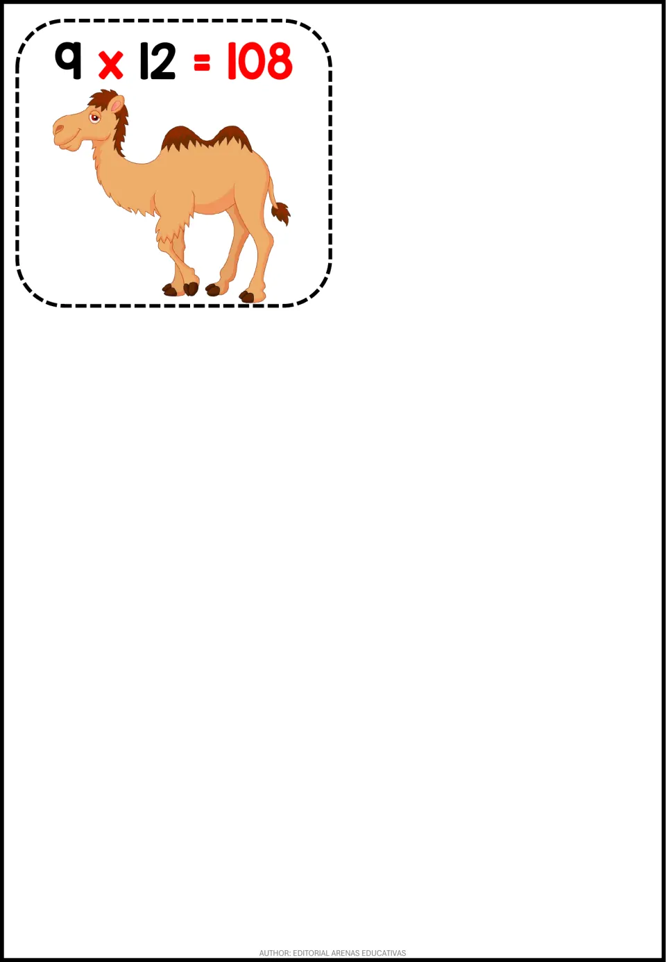 Final nines fact card showing 9 x 12 = 108 with a cartoon camel, completing the set of multiplication cards from 0 to 12