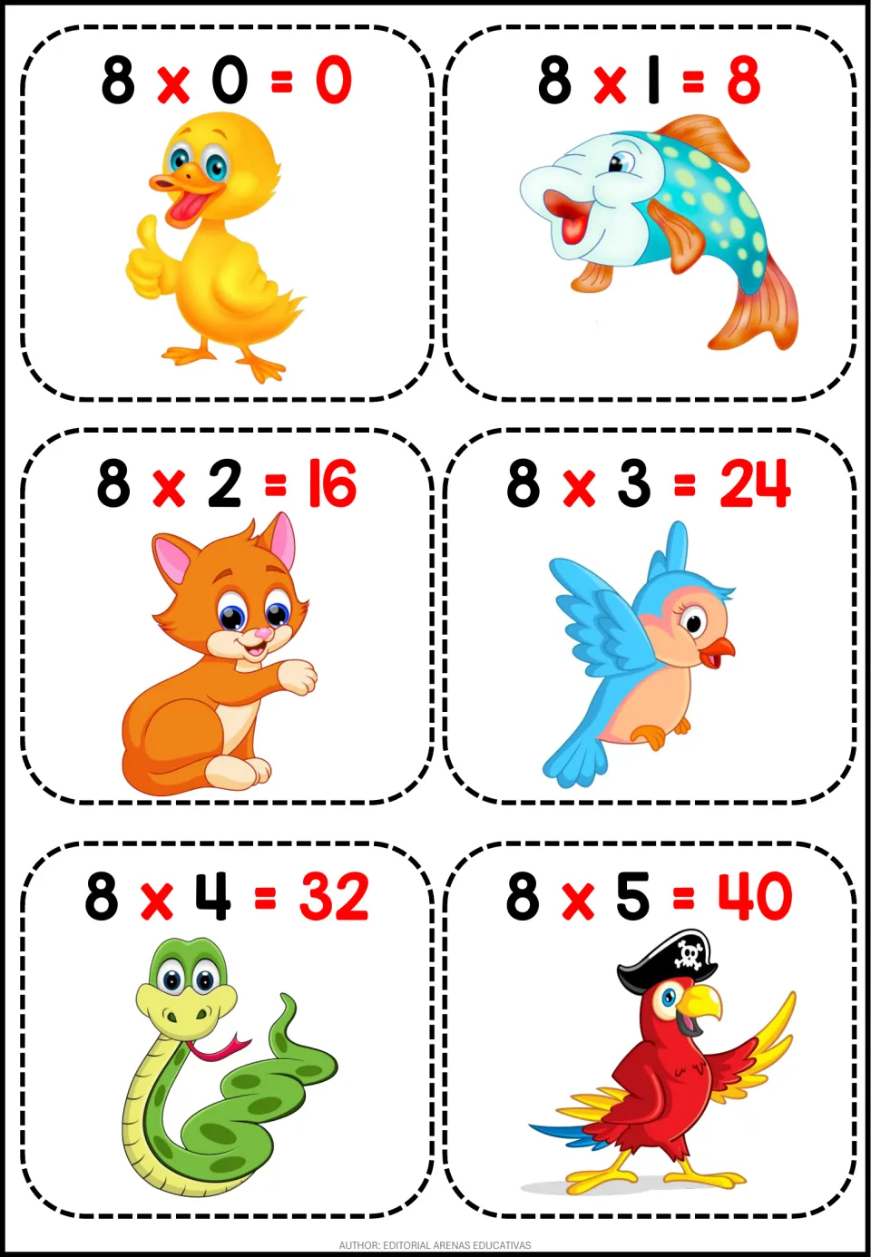 Times-8 flashcards 8 x 0 = 0 to 8 x 5 = 40 for fact recall, each card with the product in red and an animal picture