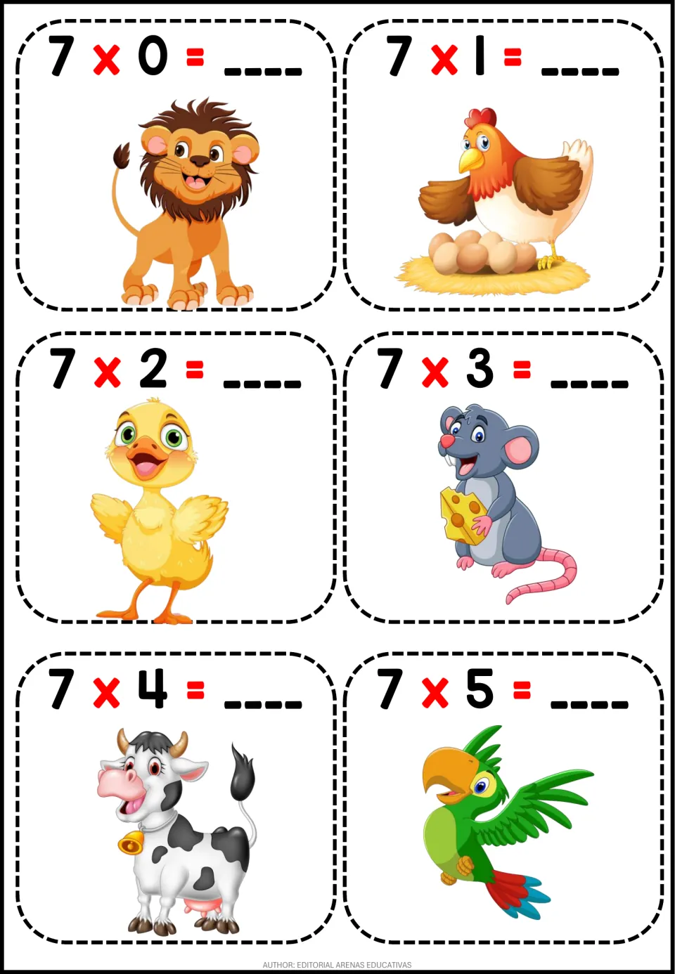 Times-7 facts 7 x 0 to 7 x 5: six flashcards with a blank to fill in the product, each with an animal such as a lion or cow
