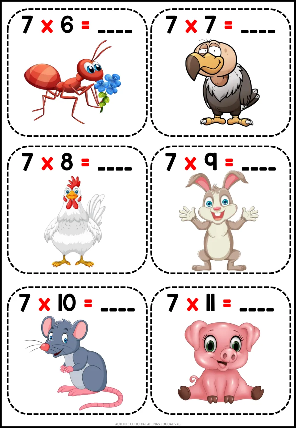 Times-7 facts 7 x 6 to 7 x 11: six cards where students write each missing product, with an ant, vulture, rabbit and pig