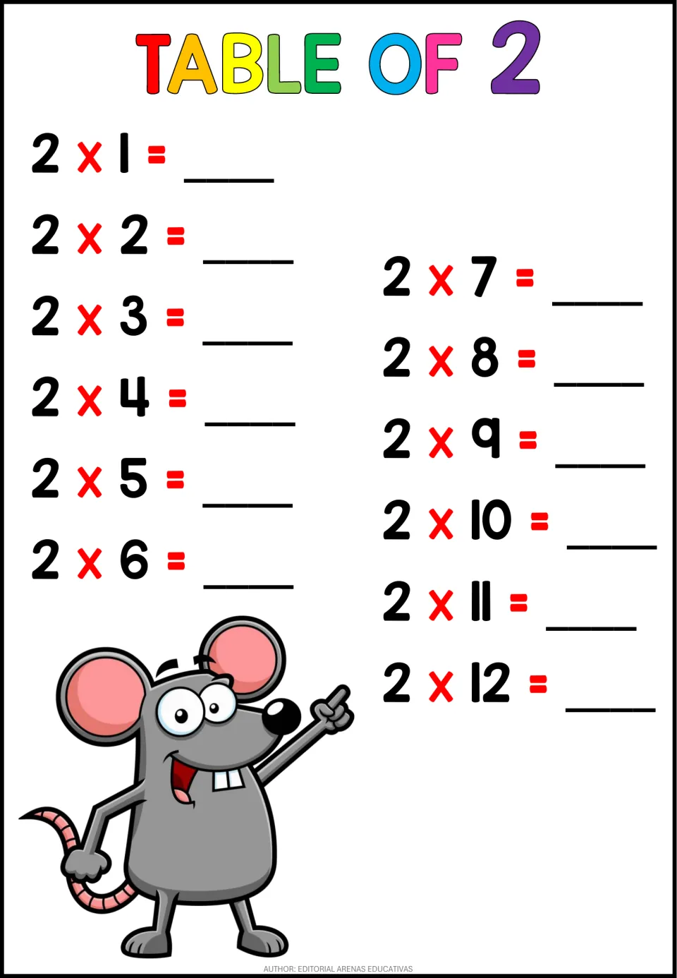 Table of 2: students fill in the products for 2 x 1 through 2 x 12, practicing times-table facts beside a cartoon mouse