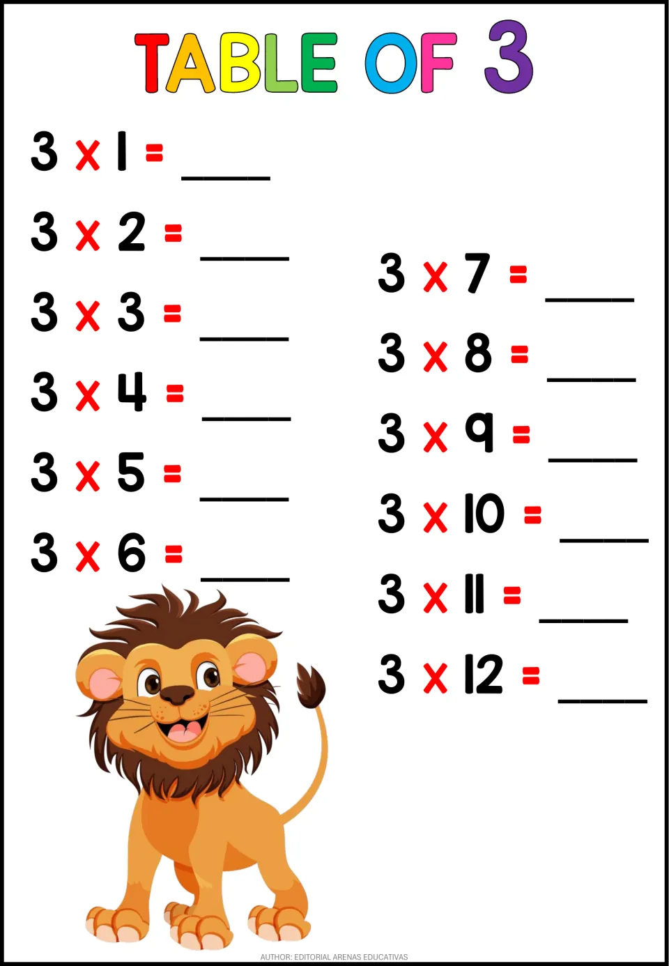 Table of 3: students write the answers to 3 x 1 through 3 x 12 to practice multiplication facts, with a smiling lion