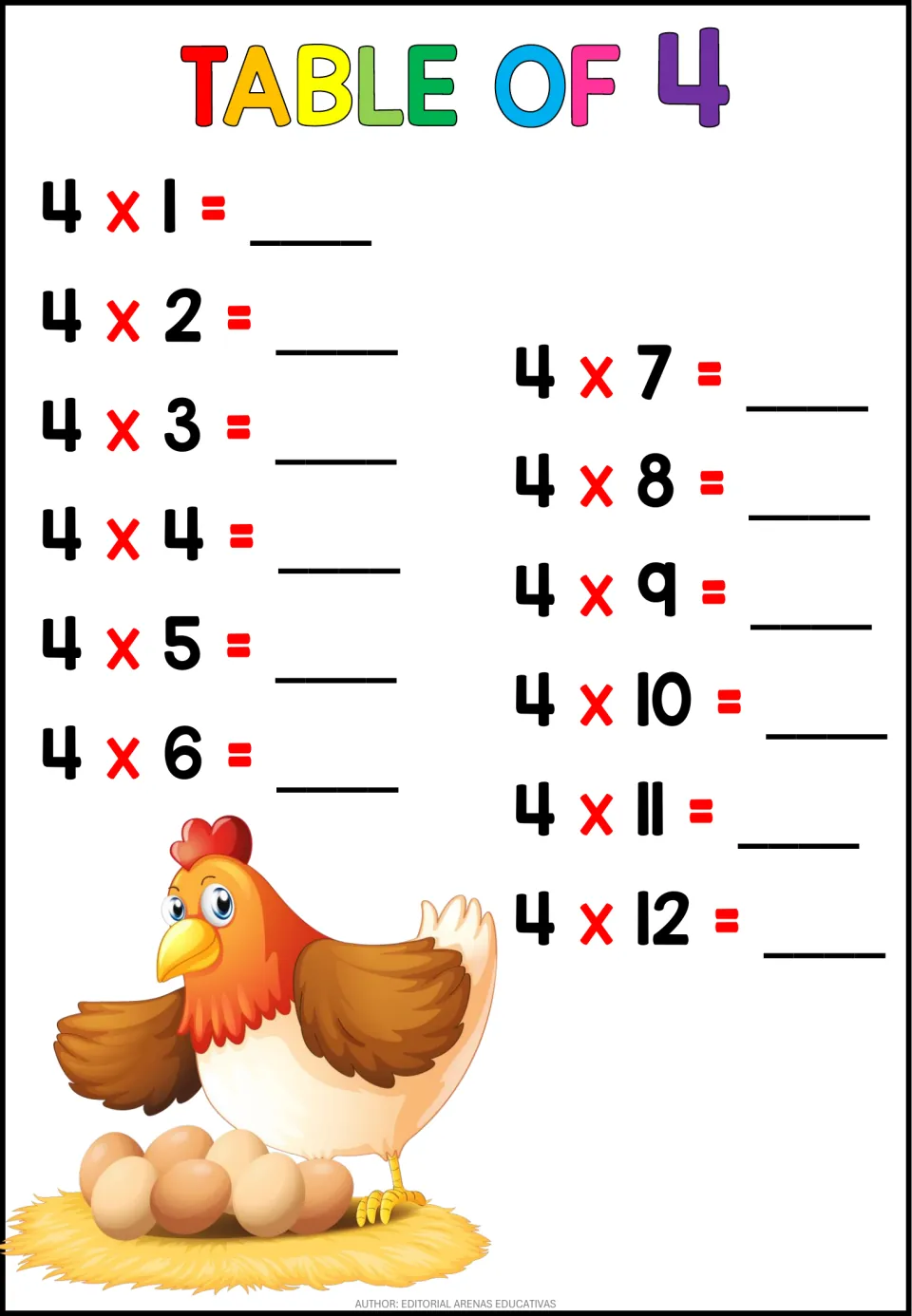 Table of 4: students complete 12 facts from 4 x 1 to 4 x 12 by writing each product; a hen sits on a nest of eggs