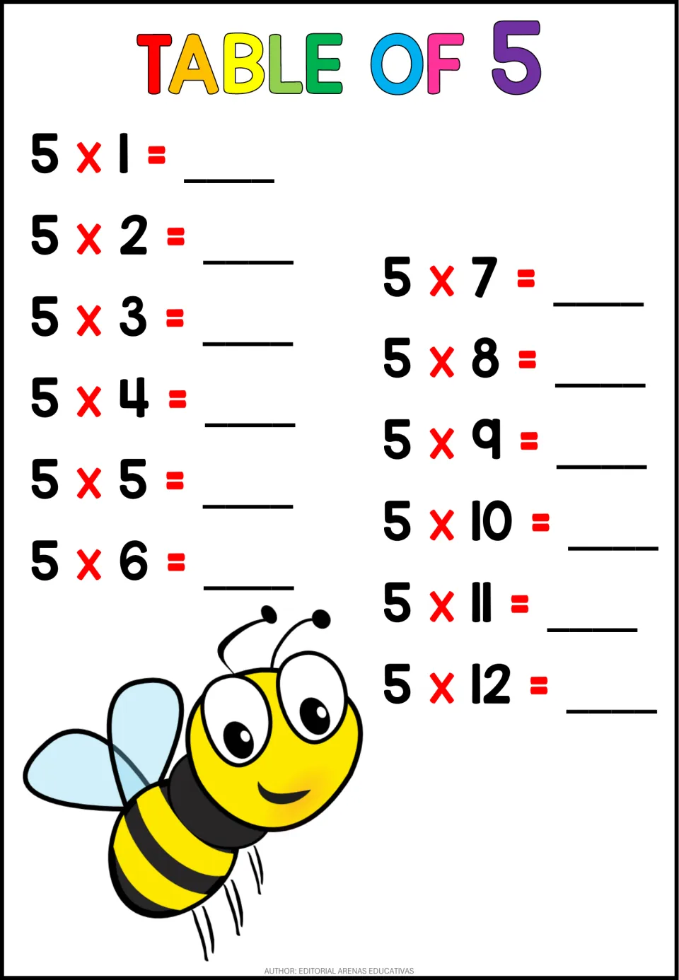 Table of 5: students write products for 5 x 1 to 5 x 12, recalling multiplication facts by fives, beside a cartoon bee