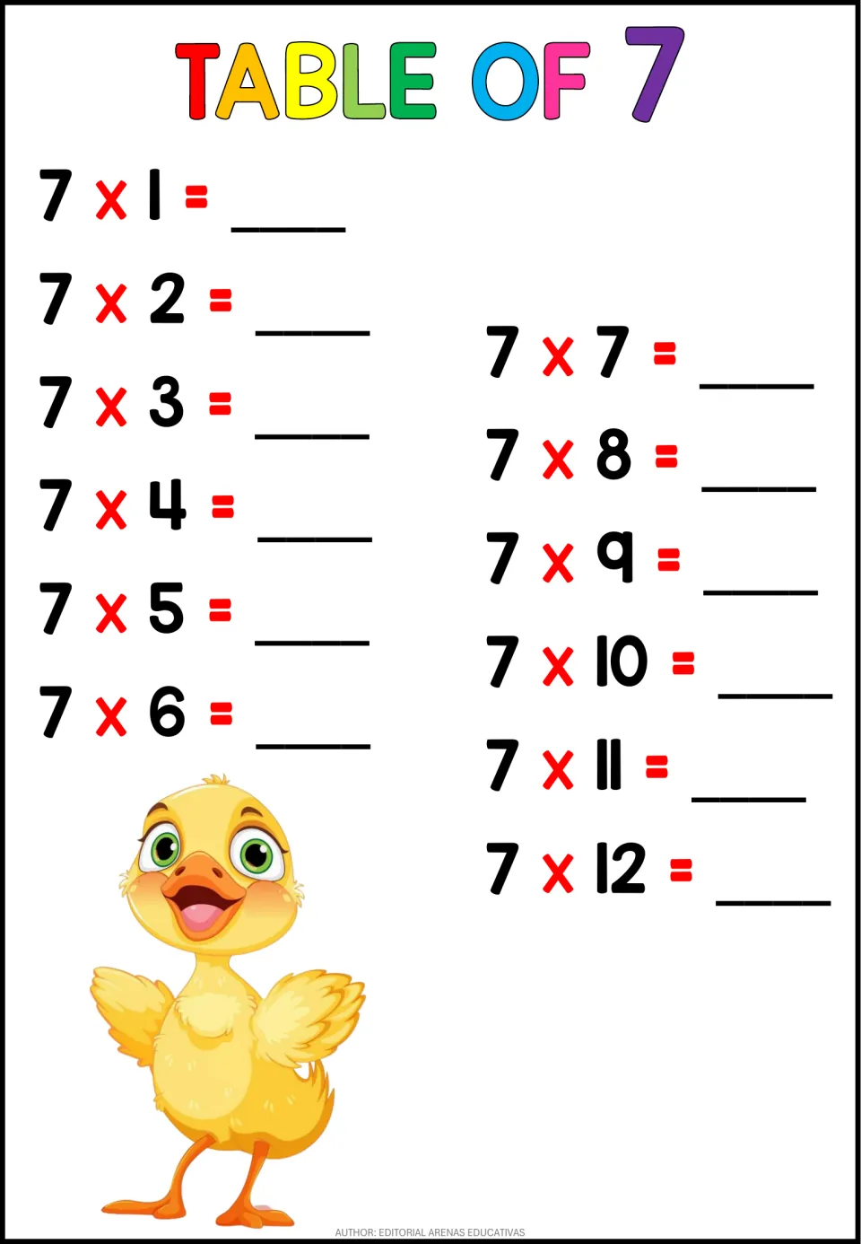 Table of 7: students complete the products of 7 x 1 to 7 x 12 to build multiplication fact fluency; a yellow duckling