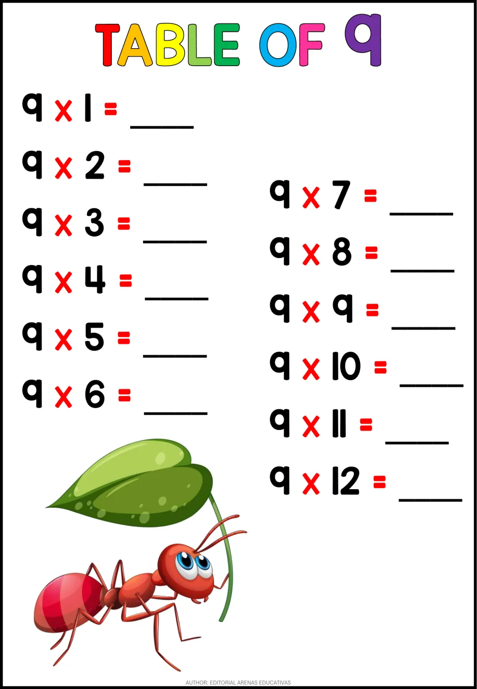 Table of 9: students fill in the 12 products from 9 x 1 to 9 x 12 for times-table practice; an ant holds a leaf