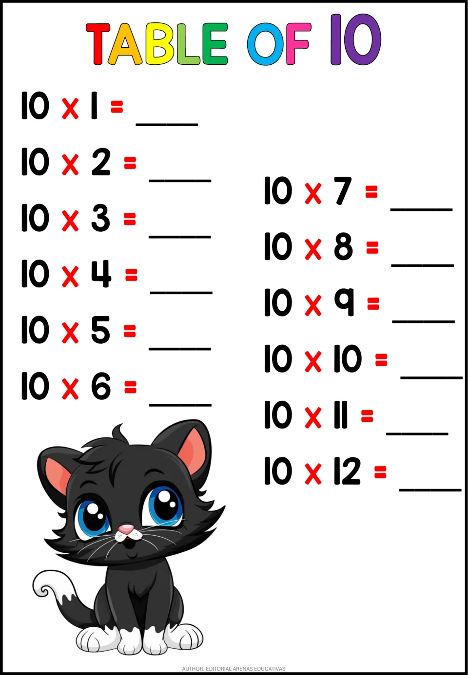 Table of 10: students write products for 10 x 1 through 10 x 12 to practice multiplying by ten, with a black kitten