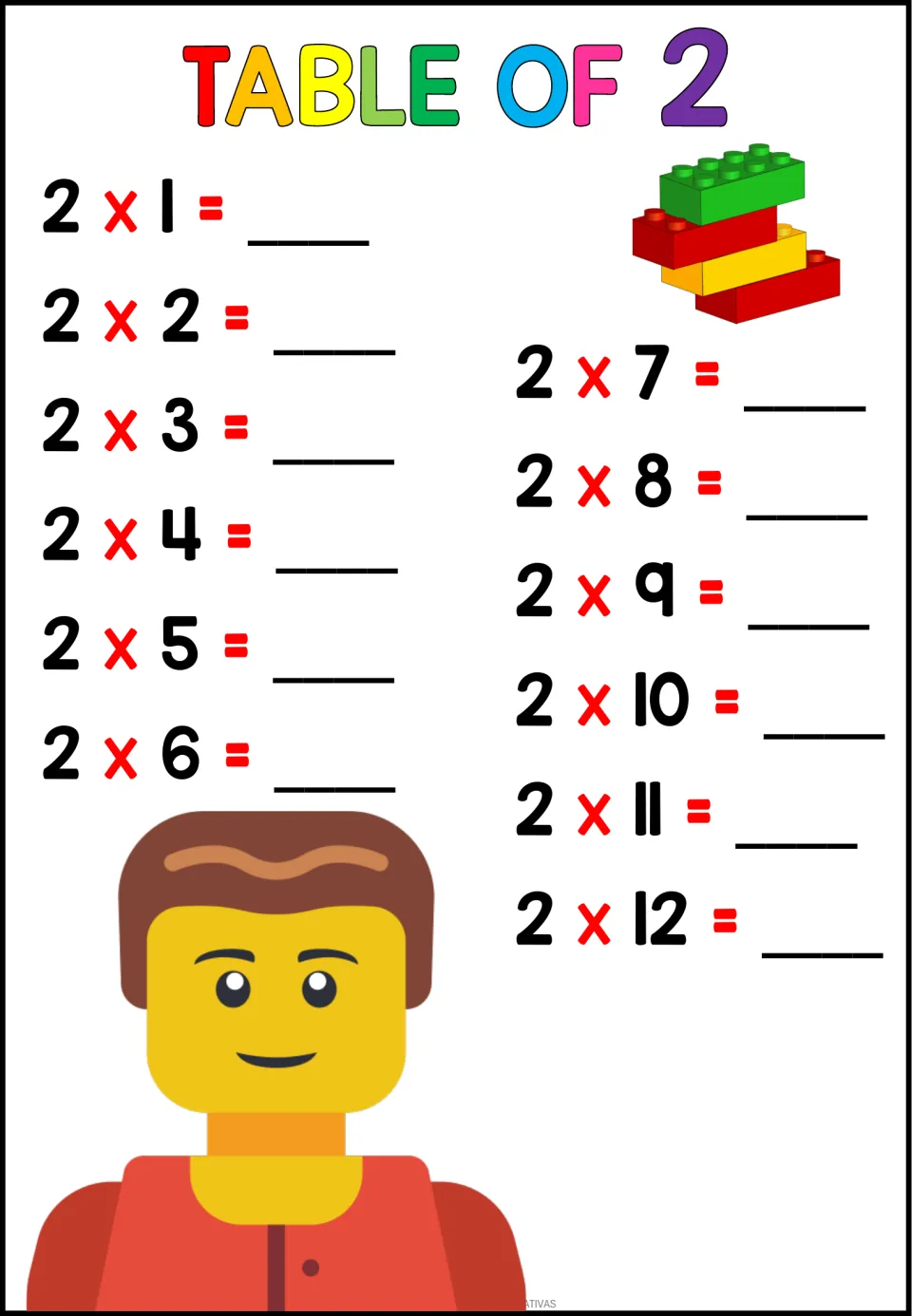 Times table of 2: students fill in the products for 2 x 1 through 2 x 12, beside a brick figure with brown hair